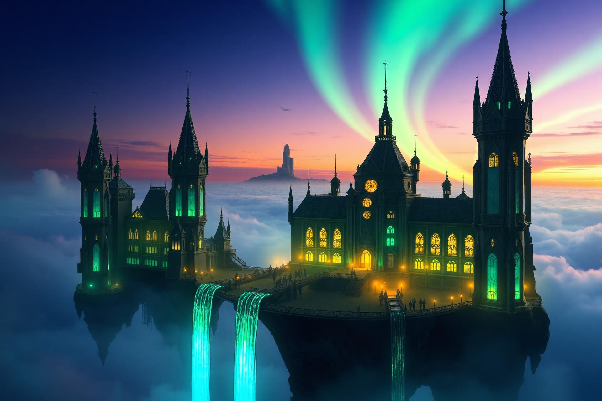 Floating fantasy academy beneath an aurora sky